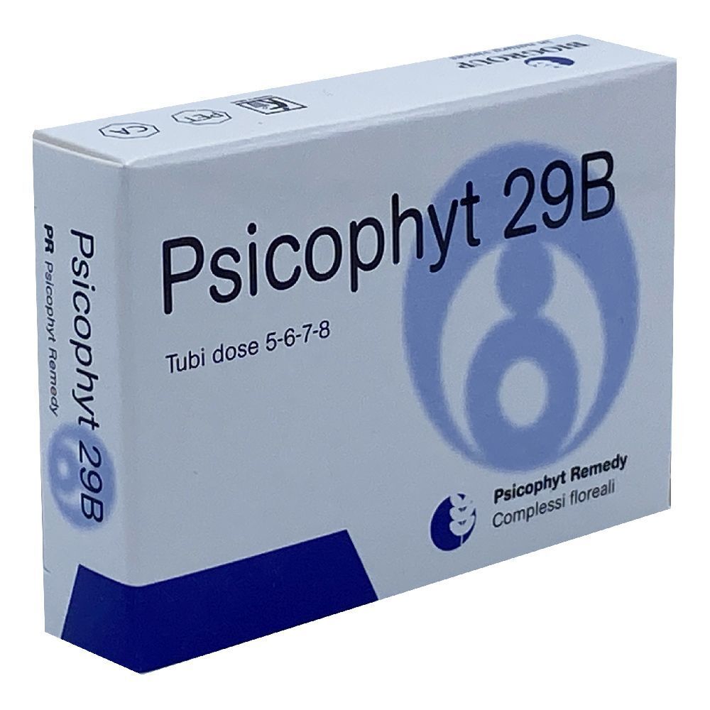 Scatola bianca con grafica blu e scritta Psicophyt 29B. Scritta: Tubi dose 5-6-7-8. Logo: Psicophyt Remedy, complessi floreali.