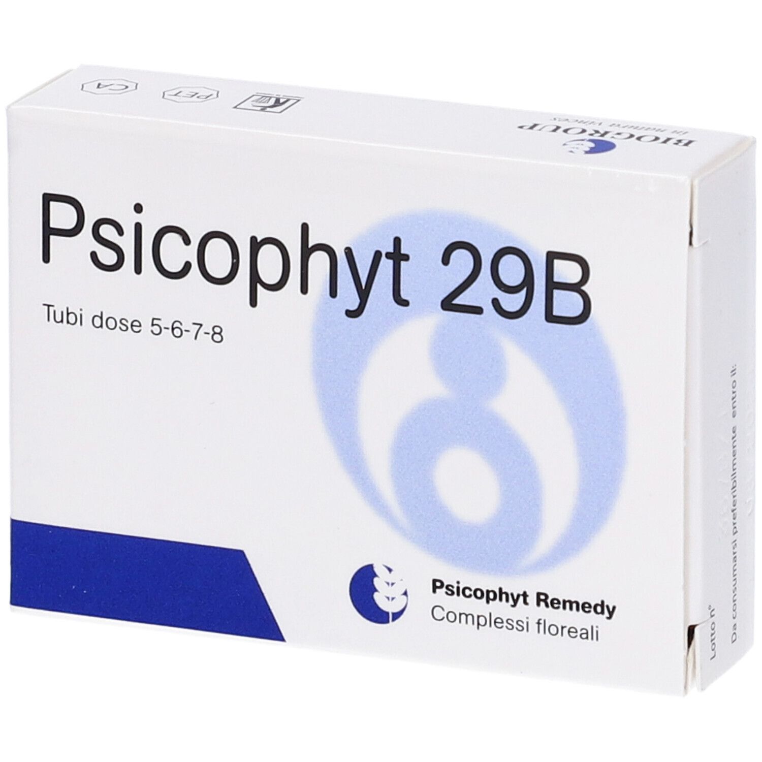 Scatola bianca con grafica blu e scritta Psicophyt 29B. Scritta: Tubi dose 5-6-7-8. Logo: Psicophyt Remedy, complessi floreali.