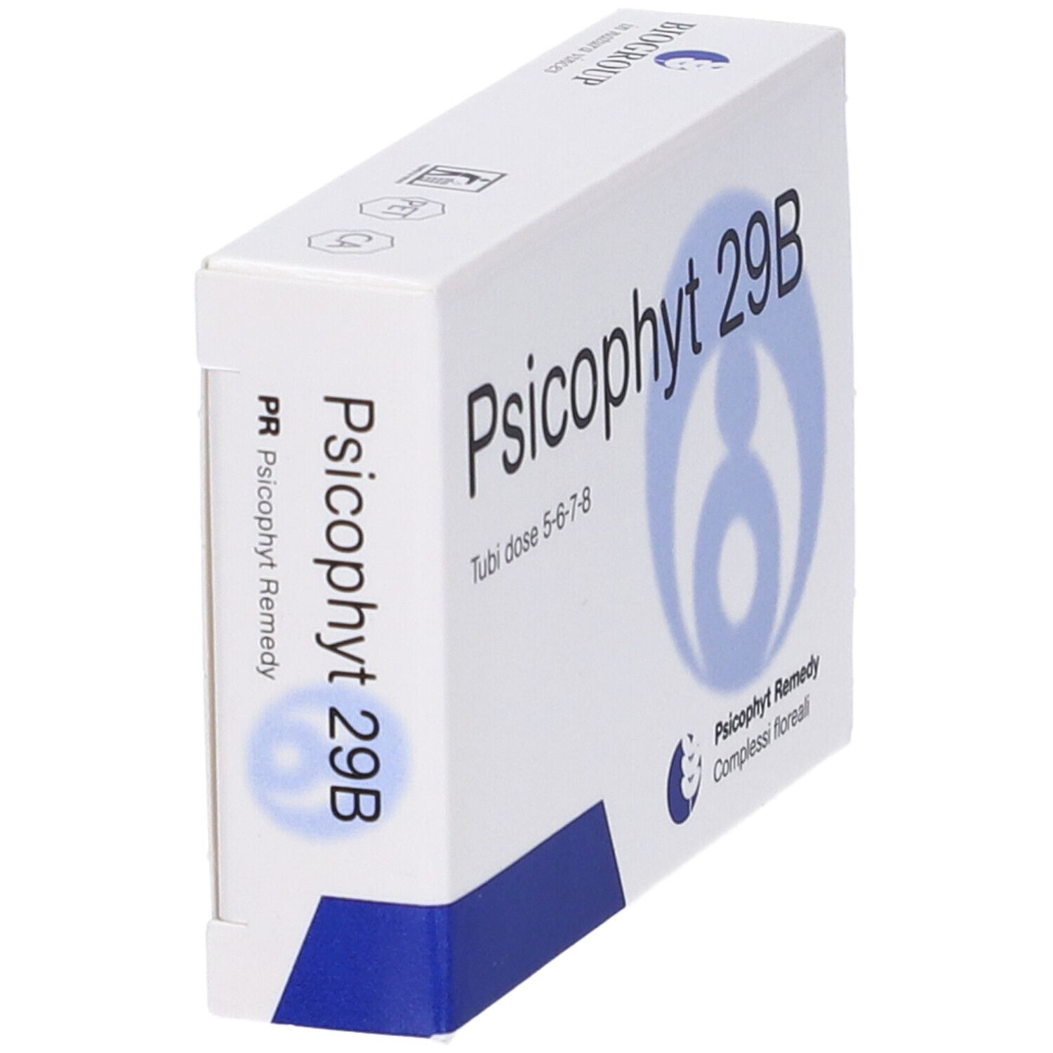 Scatola bianca con grafica blu e scritta Psicophyt 29B. Scritta: Tubi dose 5-6-7-8. Logo: Psicophyt Remedy, complessi floreali.
