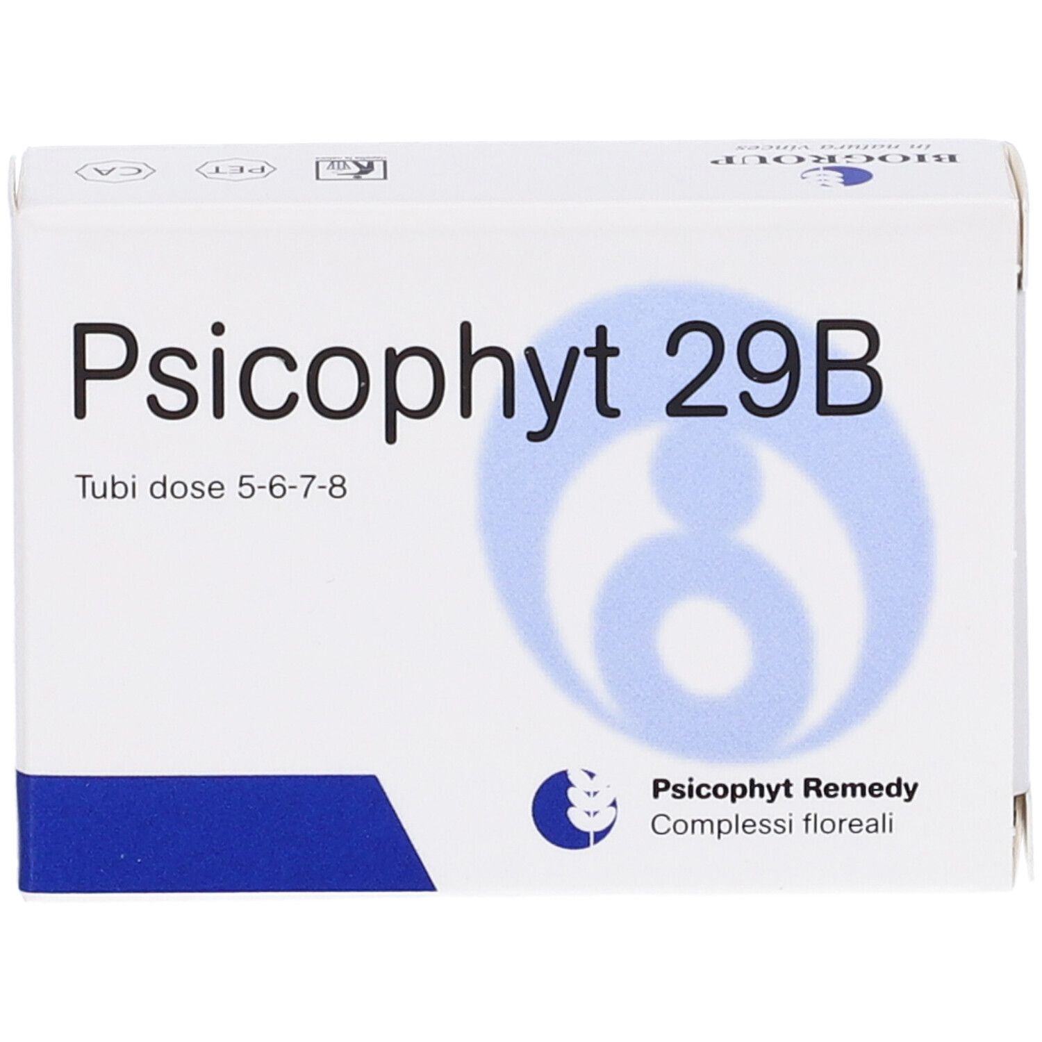 Scatola bianca con grafica blu e scritta Psicophyt 29B. Scritta: Tubi dose 5-6-7-8. Logo: Psicophyt Remedy, complessi floreali.