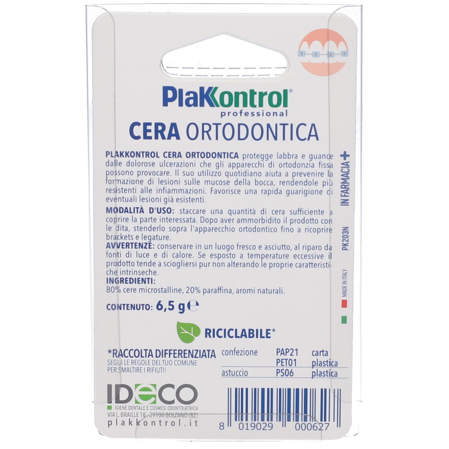 Verpackung für kieferorthopädisches Wachs mit Produktinformationen und Markenzeichen.