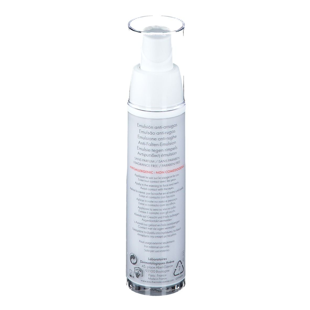 Flacon blanc avec pompe. Dos avec texte en plusieurs langues. Nom du produit et informations du fabricant.