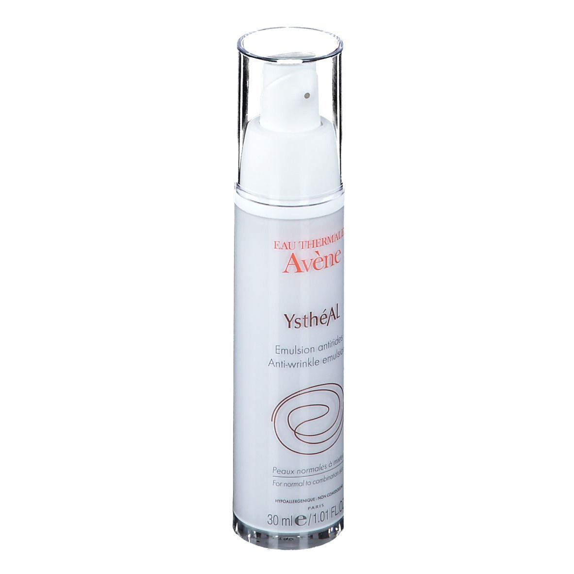 Flacon blanc avec pompe. Inscriptions: Eau Thermale Avène, YsthéAL, Emulsion antirides, Anti-wrinkle emulsion.
