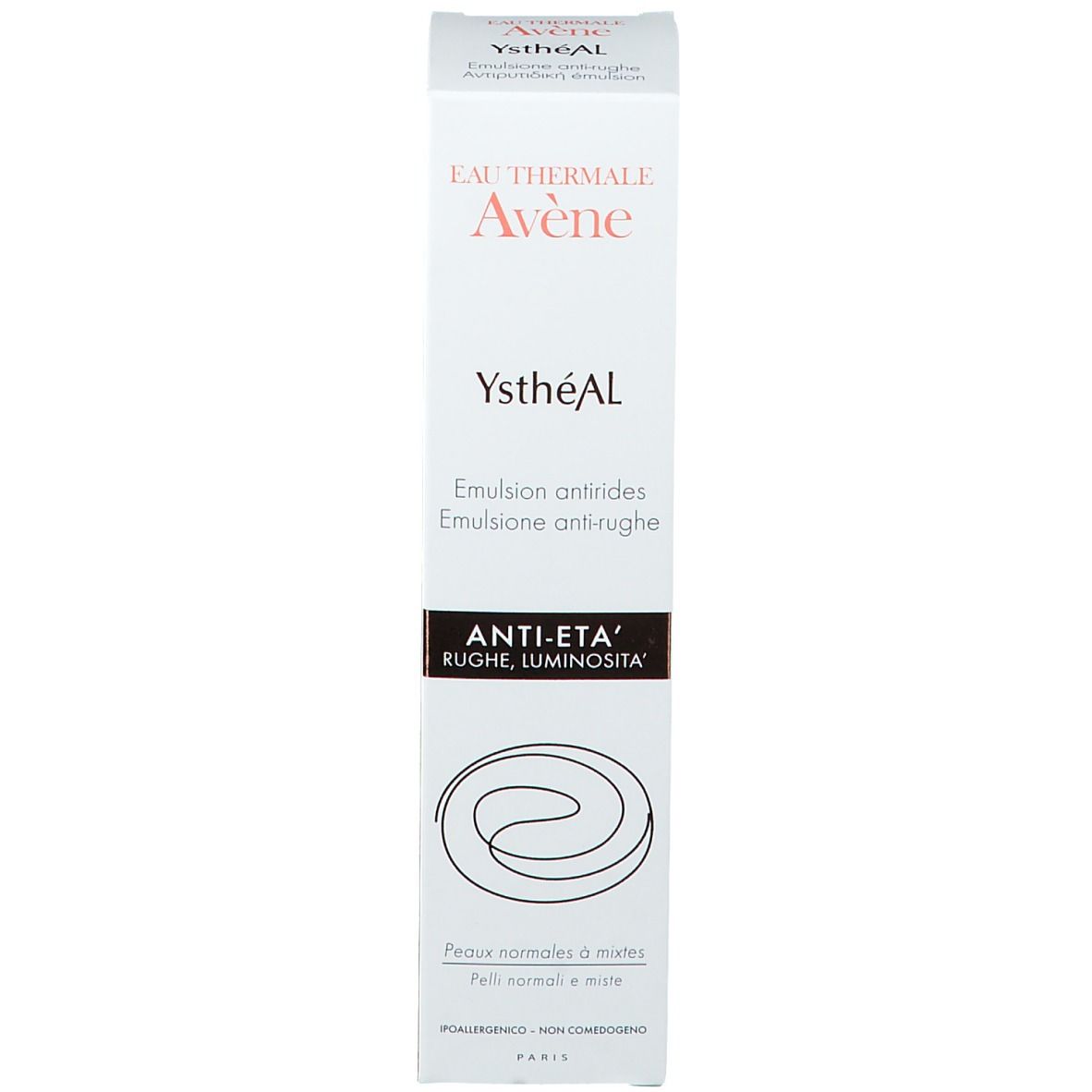 Emballage du produit. Inscriptions: Eau Thermale Avène, YsthéAL, Emulsion antirides, Anti-wrinkle emulsion.