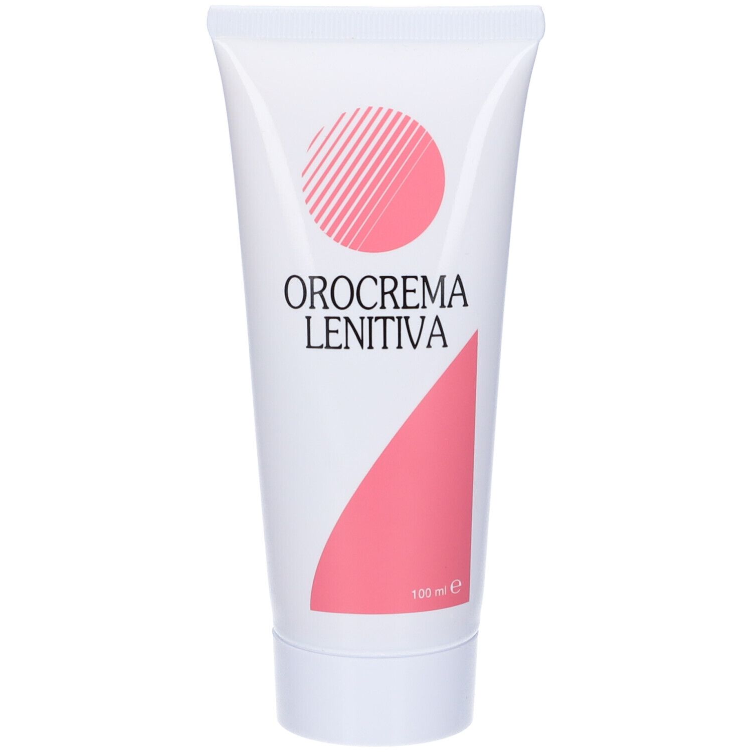 Tubo bianco con elementi rosa e testo. Nome prodotto: Orocrema Lenitiva. In basso: 100 ml.