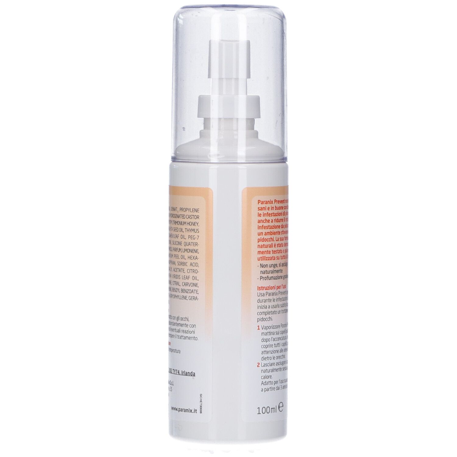 Rückseite der weißen Sprühflasche. Textinformationen und Inhaltsstoffe. Volumen: 100 ml.