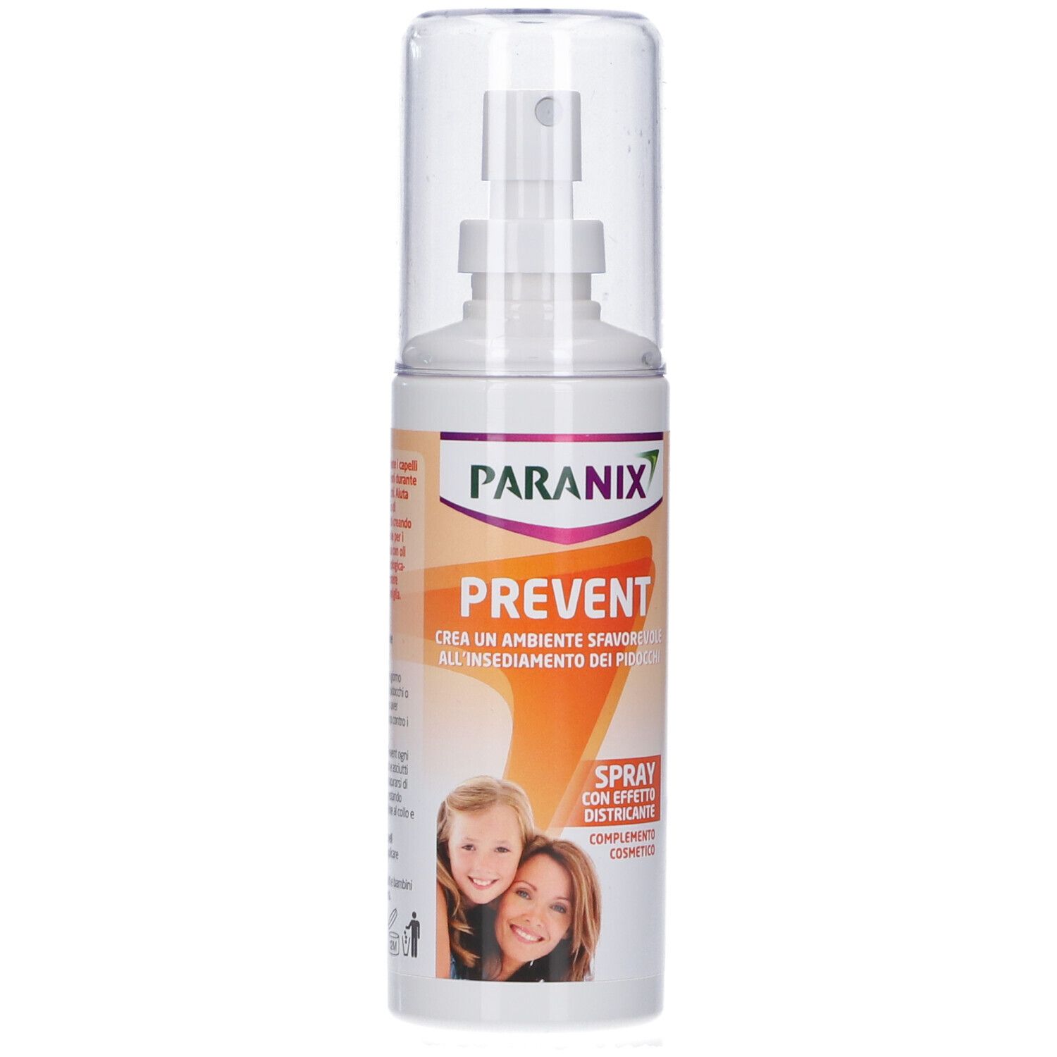Weiße Sprühflasche mit durchsichtigem Deckel. Aufschrift: Paranix Prevent. Enthält ein Bild von Mutter und Kind.