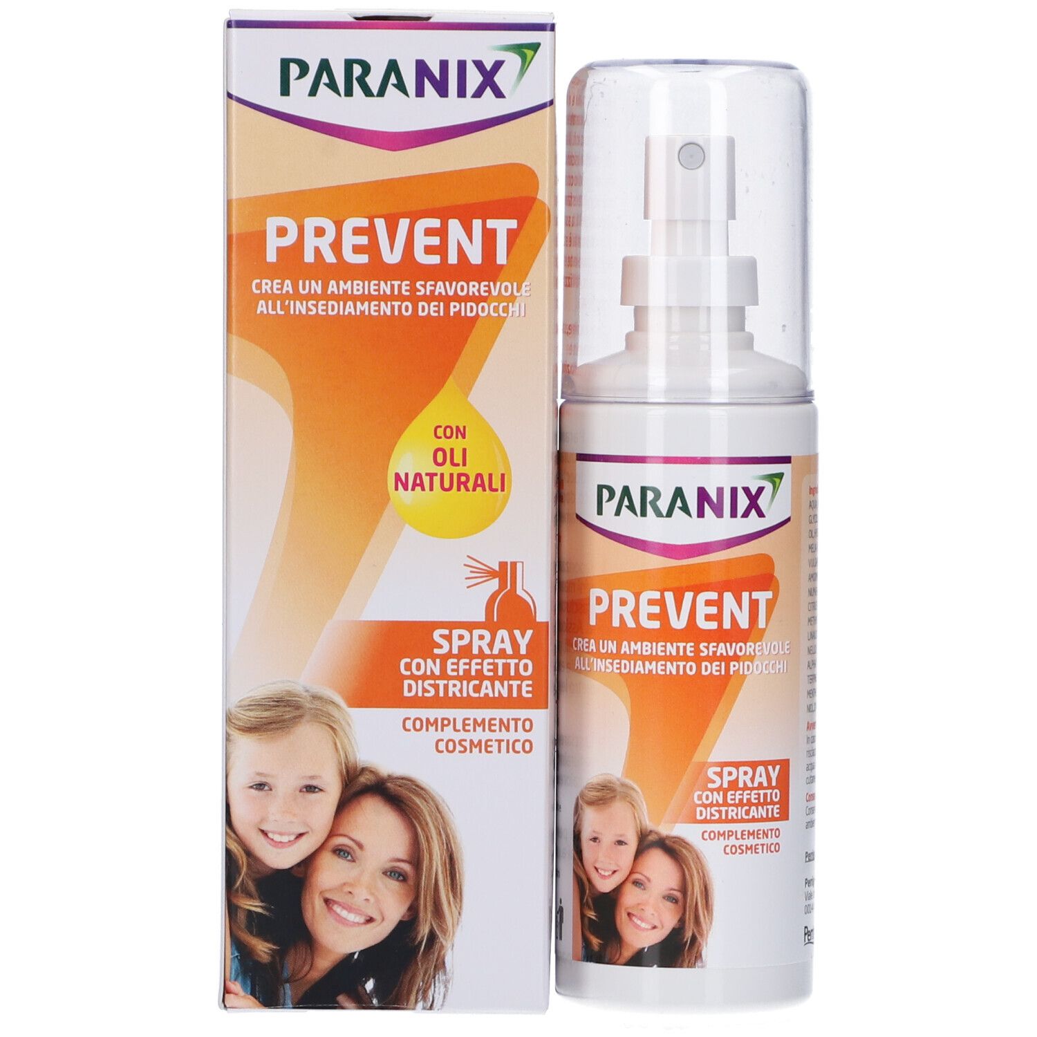 Produkt und Verpackung. Weiße Sprühflasche und Karton. Aufschrift: Paranix Prevent. Enthält ein Bild von Mutter und Kind.
