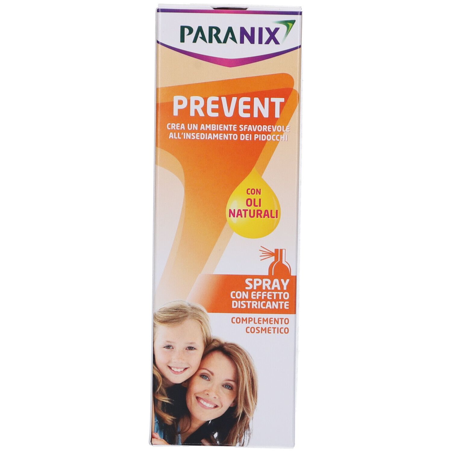 Kartonverpackung. Aufschrift: Paranix Prevent. Enthält ein Bild von Mutter und Kind. Mit natürlichen Ölen.