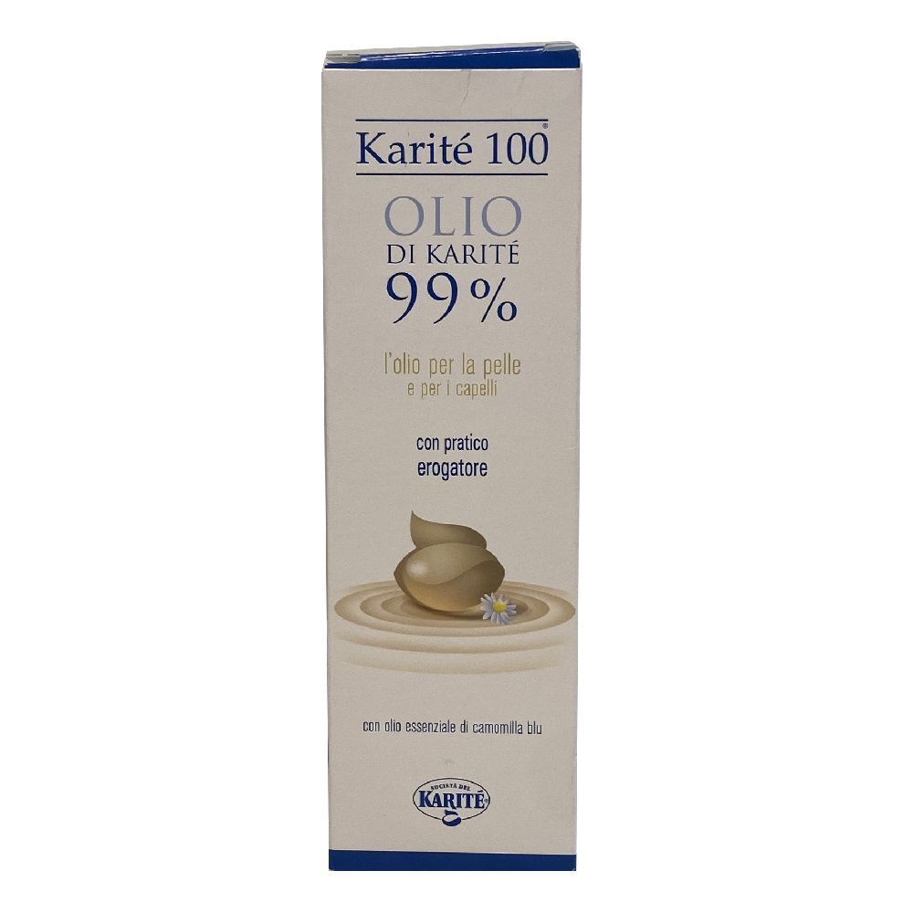 Scatola con stampa del prodotto. Testo: Karité 100, Olio di Karité 99%. Illustrazione: prodotto e camomilla. Marchio: Karité.