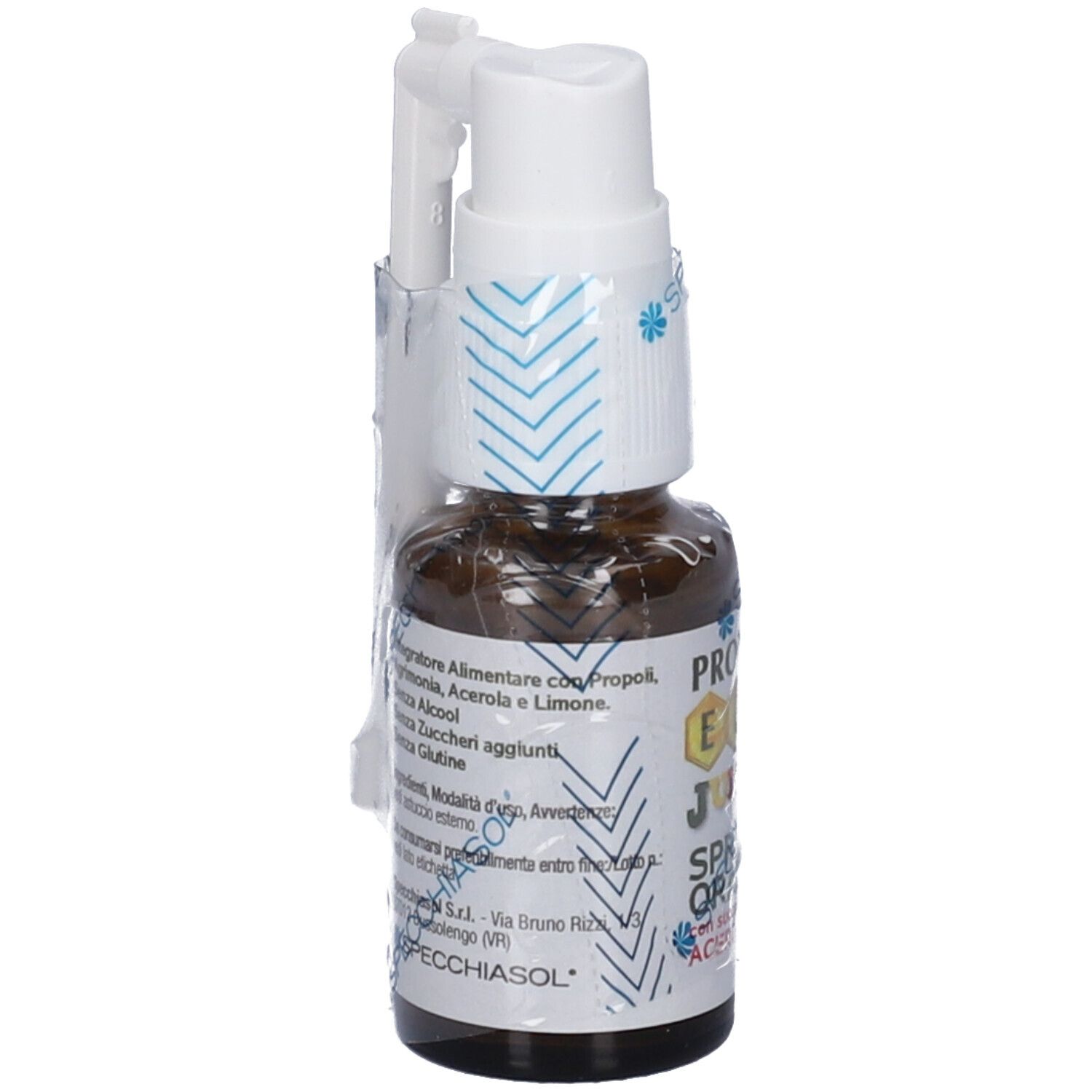 Braune Glasflasche mit weißem Sprühkopf und Applikator. Beschriftung: EPID Junior Spray Orale. Verpackt in Folie. Produktinformationen.