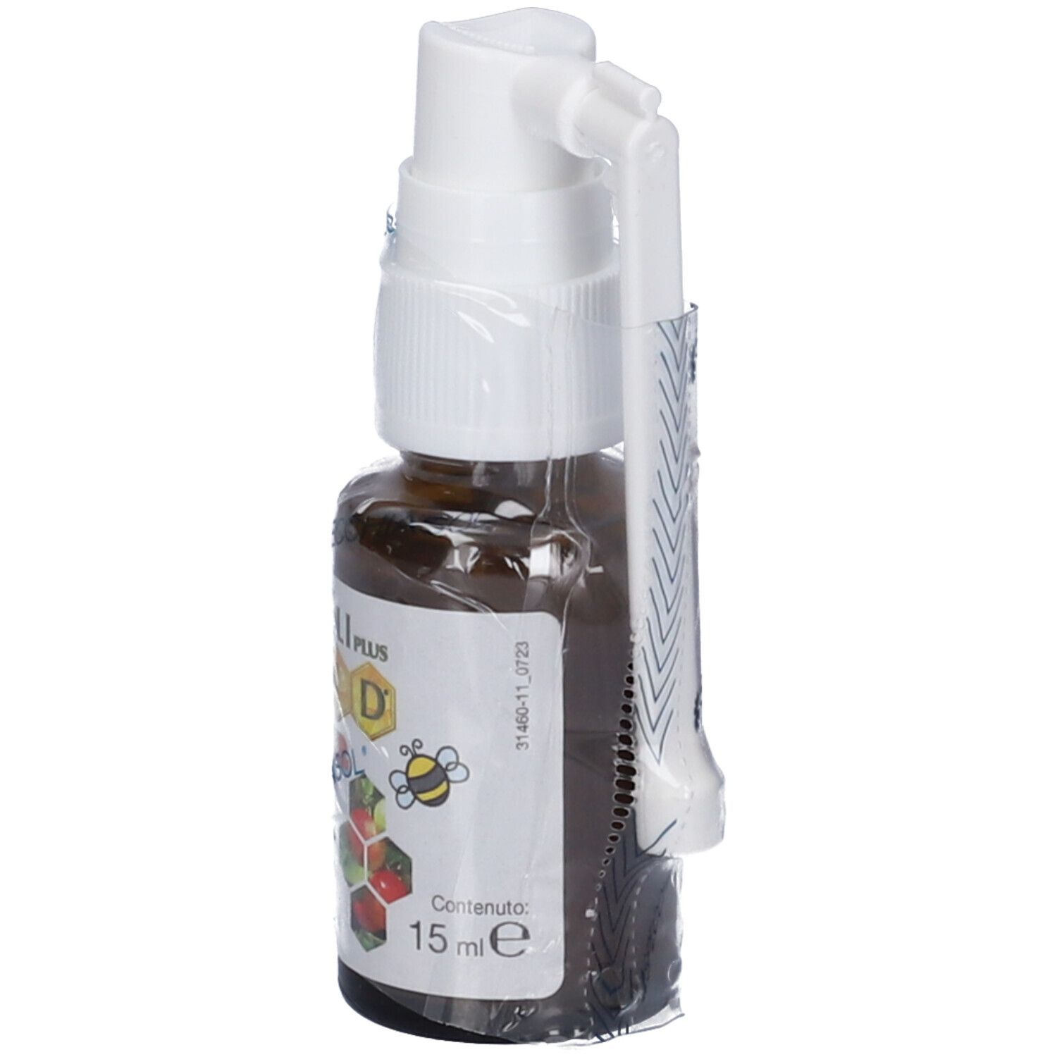 Braune Glasflasche mit weißem Sprühkopf und Applikator. Beschriftung: EPID Junior D Spray Orale. Verpackt in Folie. 15 ml.