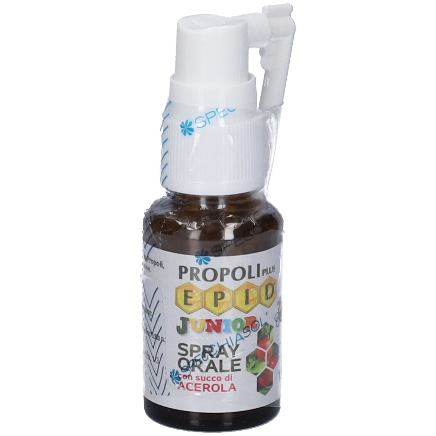 Braune Glasflasche mit weißem Sprühkopf und Applikator. Beschriftung: EPID Junior Spray Orale, Acerola. Verpackt in Folie. 15 ml.