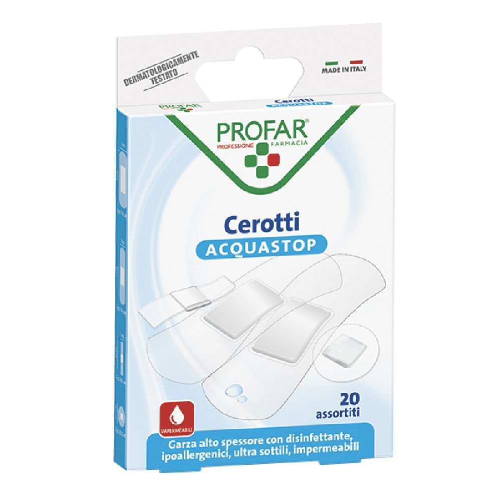 Confezione di cerotti Cerotti ACQUASTOP, marchio PROFAR. 20 pezzi assortiti. Made in Italy. Dermatologicamente testato.