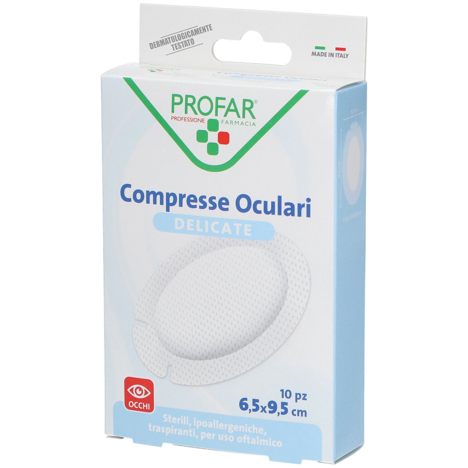 Confezione di PROFAR Compresse Oculari Delicate. 10 pezzi, 6,5 x 9,5 cm. Testato dermatologicamente. Prodotto in Italia.