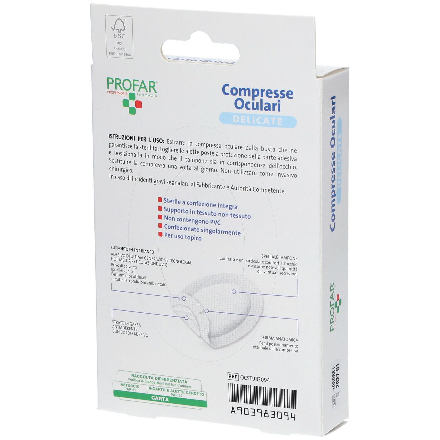 Retro della confezione PROFAR Compresse Oculari Delicate. Istruzioni e informazioni sul prodotto. Forma anatomica.