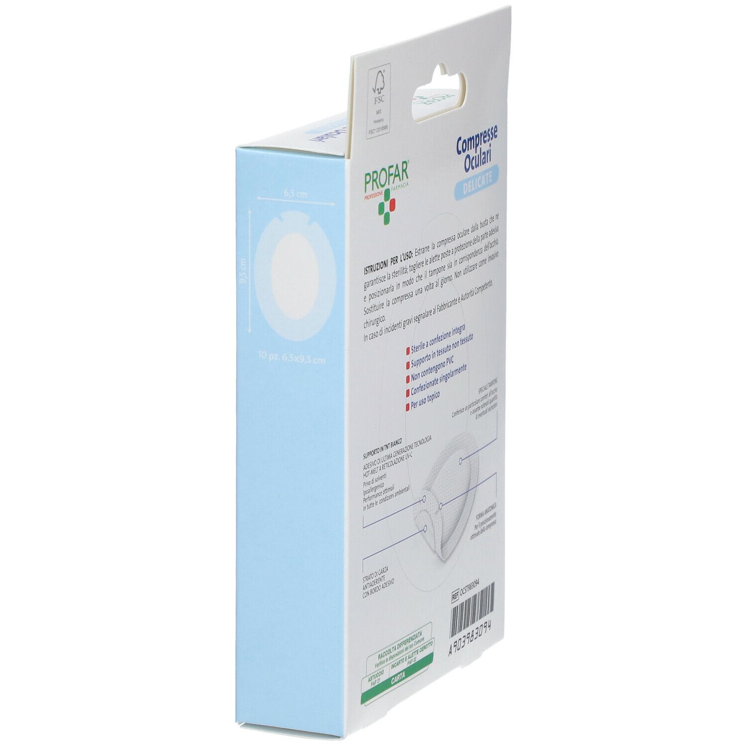 Vista laterale della confezione PROFAR Compresse Oculari Delicate. Istruzioni e informazioni. Forma anatomica.
