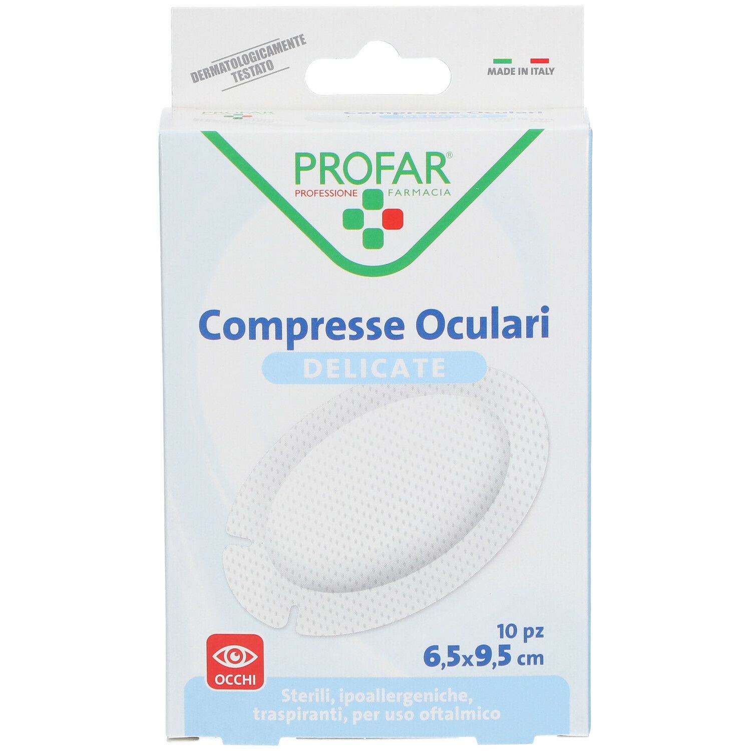 Vista frontale della confezione PROFAR Compresse Oculari Delicate. 10 pezzi, 6,5 x 9,5 cm. Testato dermatologicamente. Prodotto in Italia.