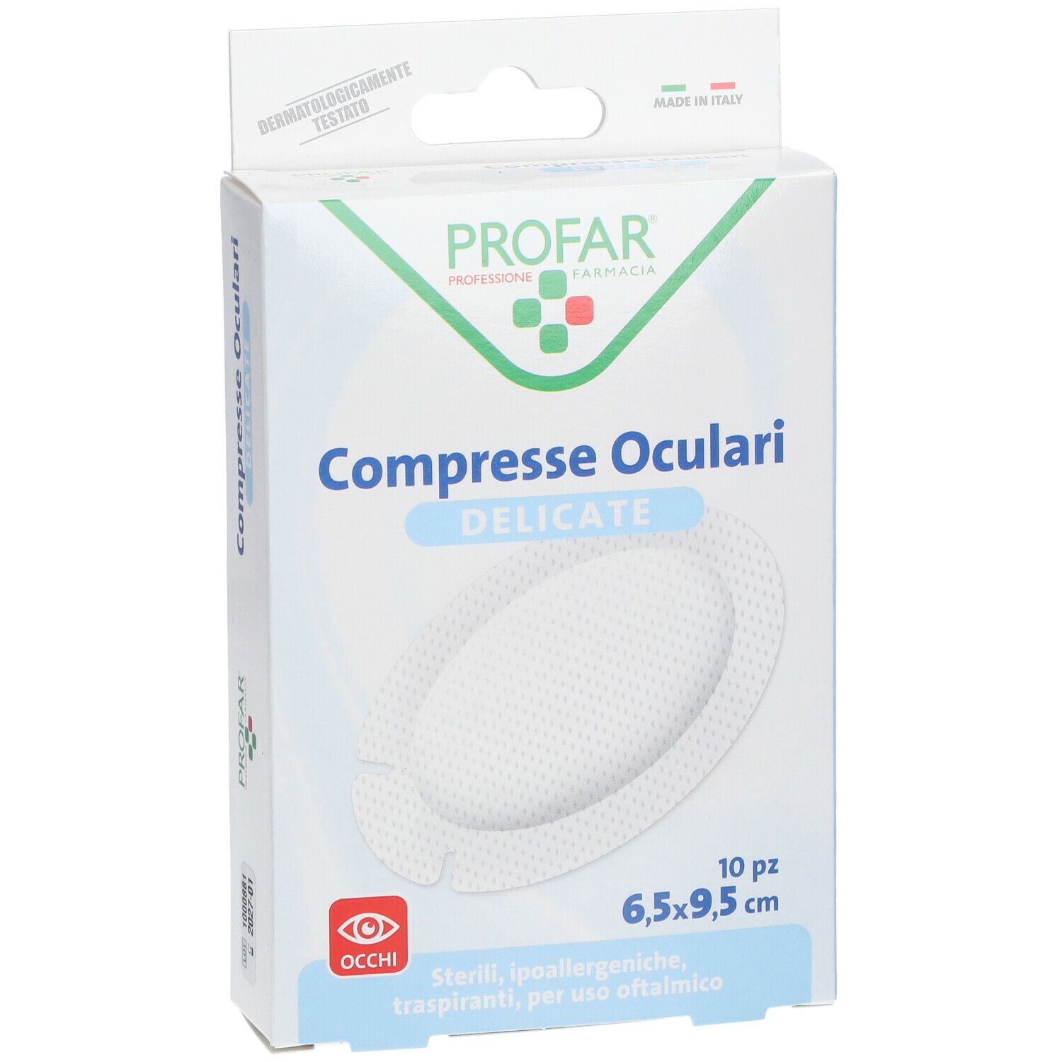 Vista frontale della confezione PROFAR Compresse Oculari Delicate. 10 pezzi, 6,5 x 9,5 cm. Testato dermatologicamente. Prodotto in Italia.
