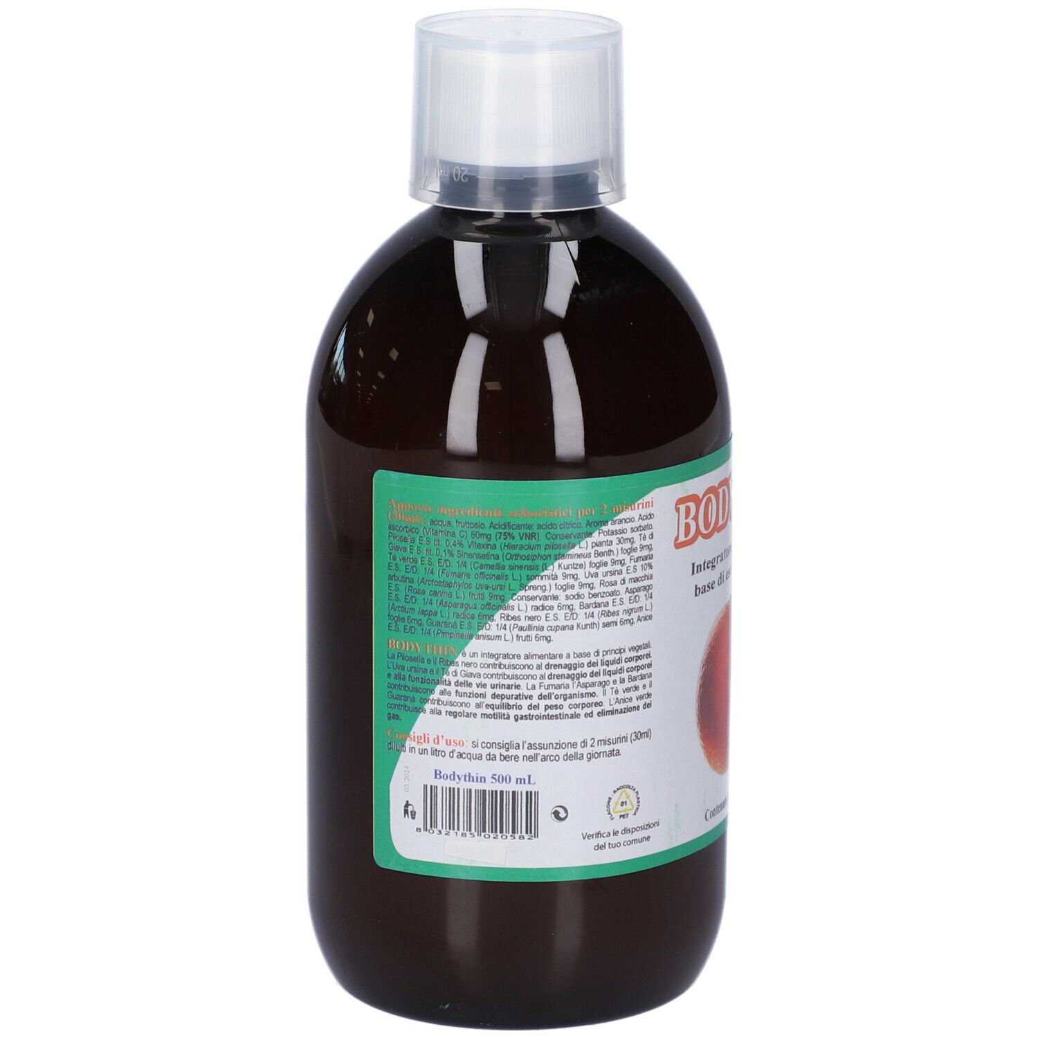 Rückseite der Bodythin Flüssigkeitsflasche. Etikett mit detaillierten Informationen und Barcode.