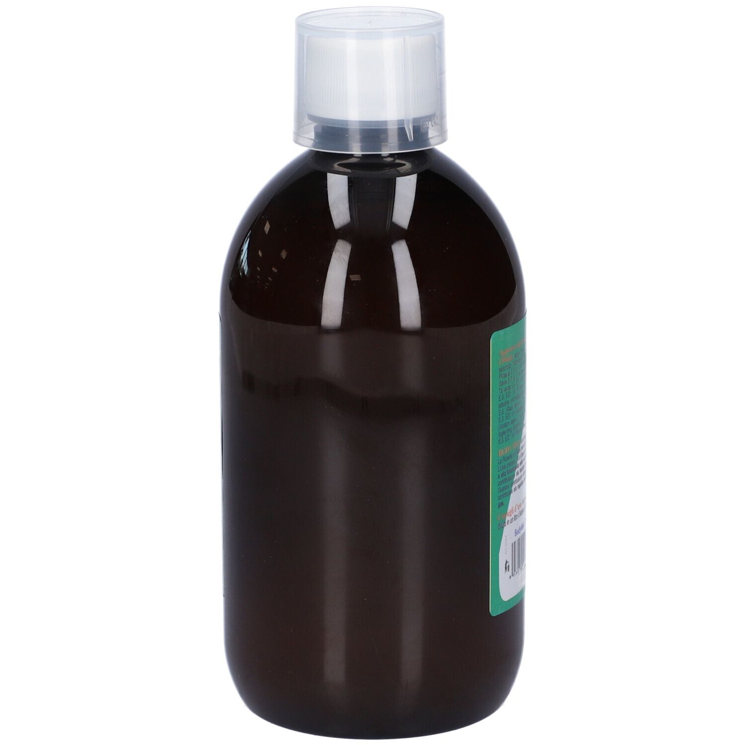 Seite der Bodythin Flüssigkeitsflasche. Braunes Glas mit weißem Verschluss.
