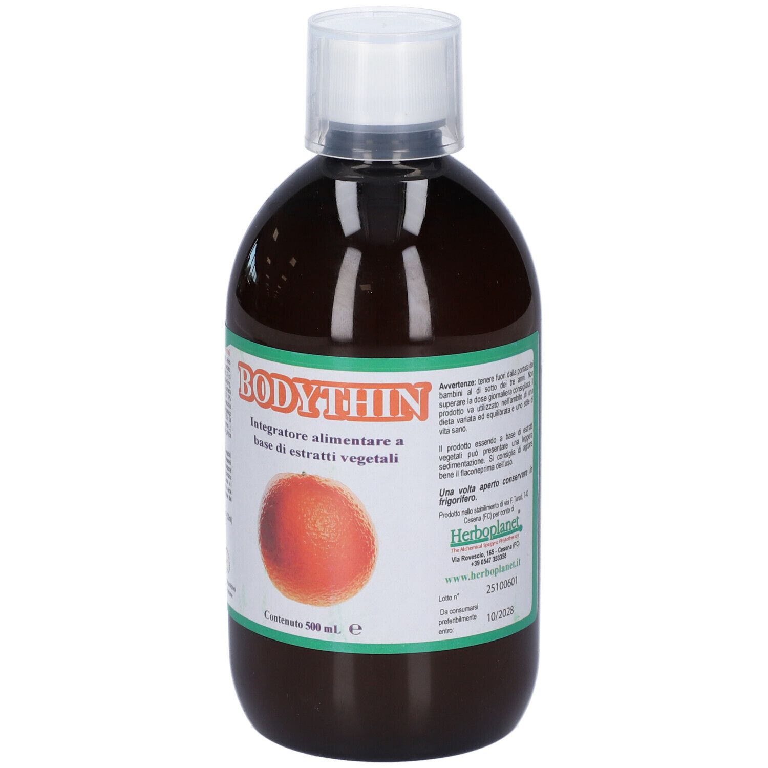 Bodythin Flüssigkeit in brauner Glasflasche. Etikett mit Aufschrift, Bild einer Orange und Herstellerinformationen.