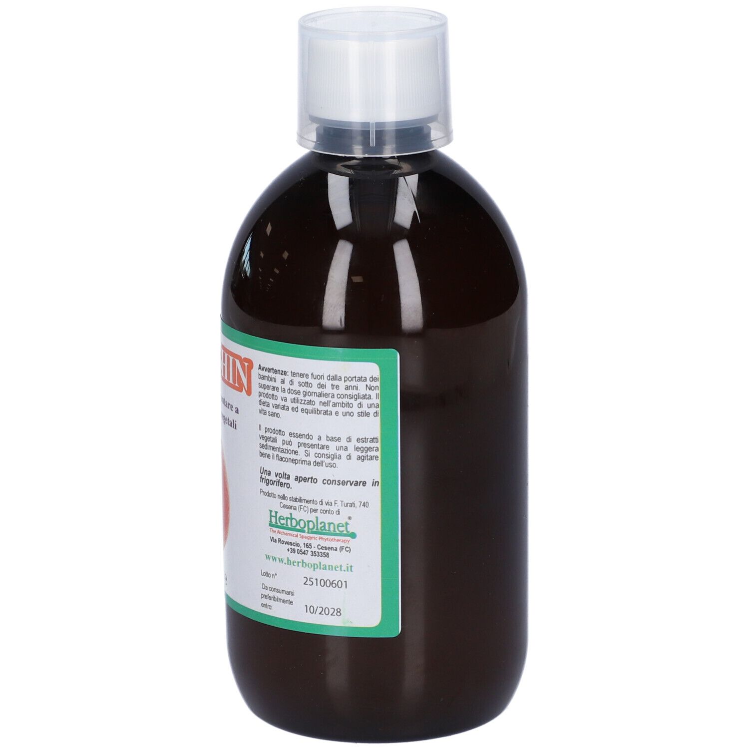 Seitenansicht der Bodythin Flüssigkeitsflasche mit Etikett und Informationen.