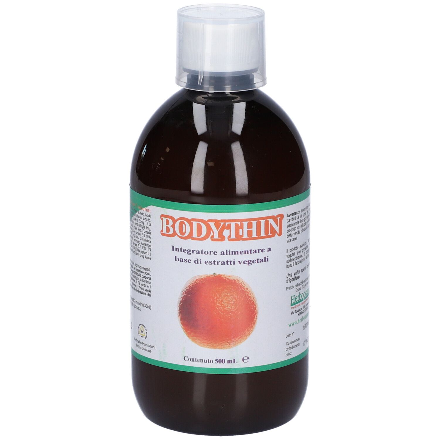 Vorderansicht der Bodythin Flüssigkeitsflasche. Braunes Glas, weißer Verschluss, Etikett mit Orange.