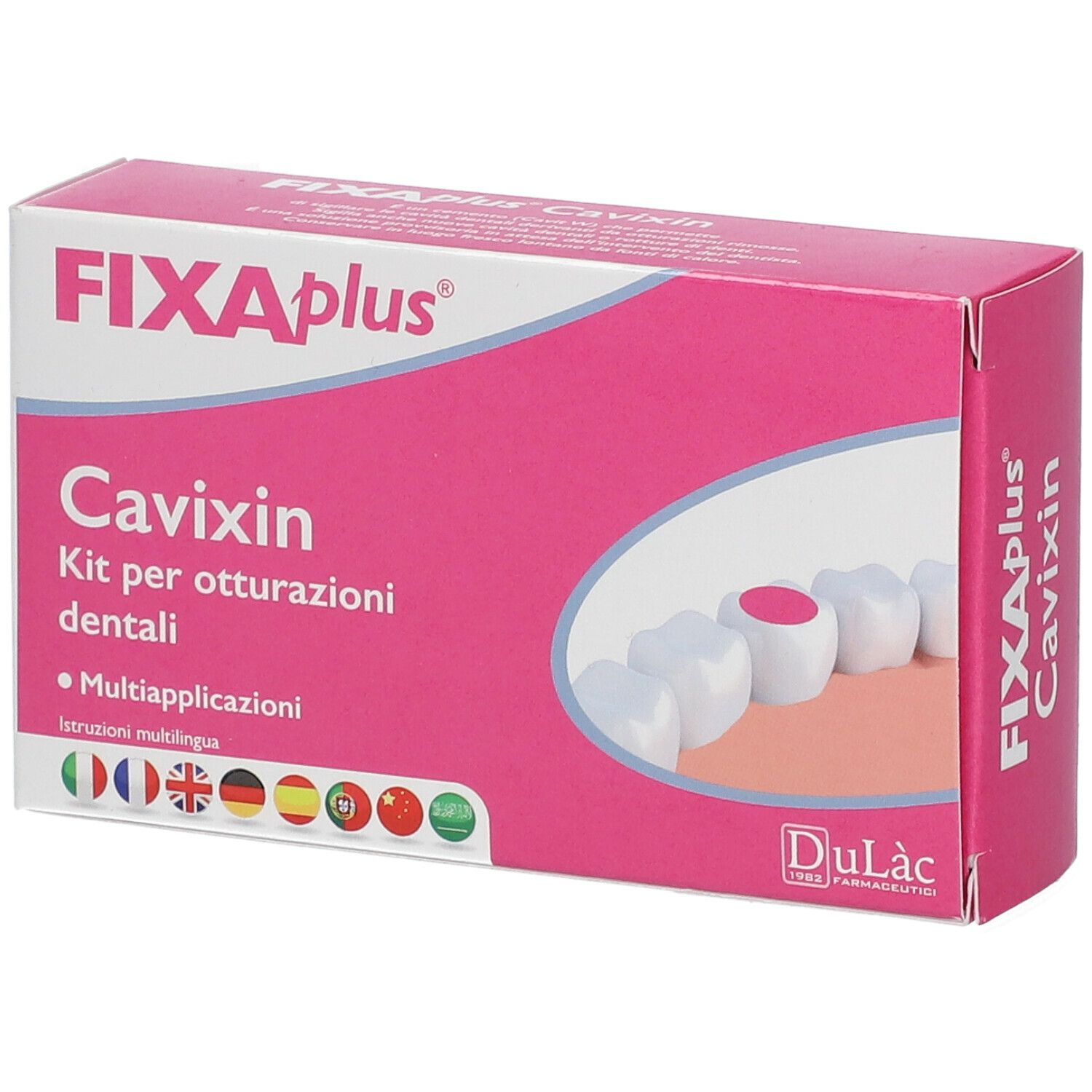 Scatola rosa FIXAplus Cavixin. Testo: Kit per otturazioni dentali. Istruzioni multilingue. Illustrazione di denti con otturazione.