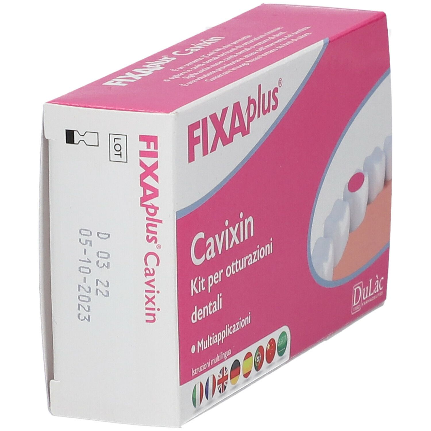 Scatola FIXAplus Cavixin rosa. Testo: Kit per otturazioni dentali. Istruzioni multilingue. Data. Logo DuLàc.