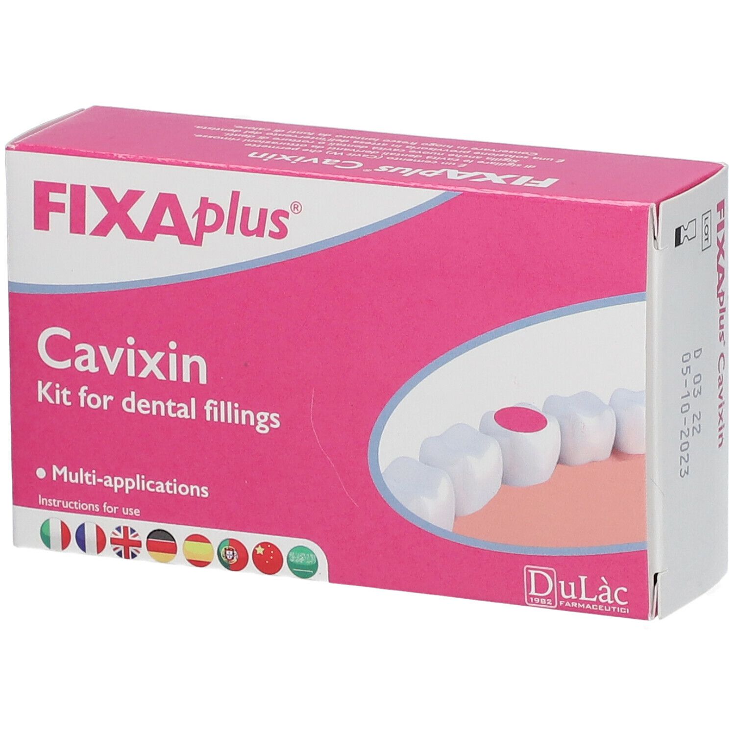Scatola rosa FIXAplus Cavixin. Testo: Kit for dental fillings. Istruzioni multilingue. Illustrazione di denti con otturazione. Logo DuLàc.
