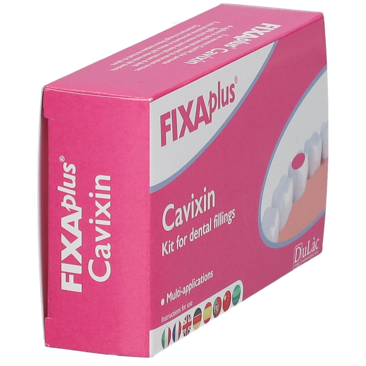 Scatola rosa FIXAplus Cavixin. Testo: Kit for dental fillings. Istruzioni multilingue. Logo DuLàc.