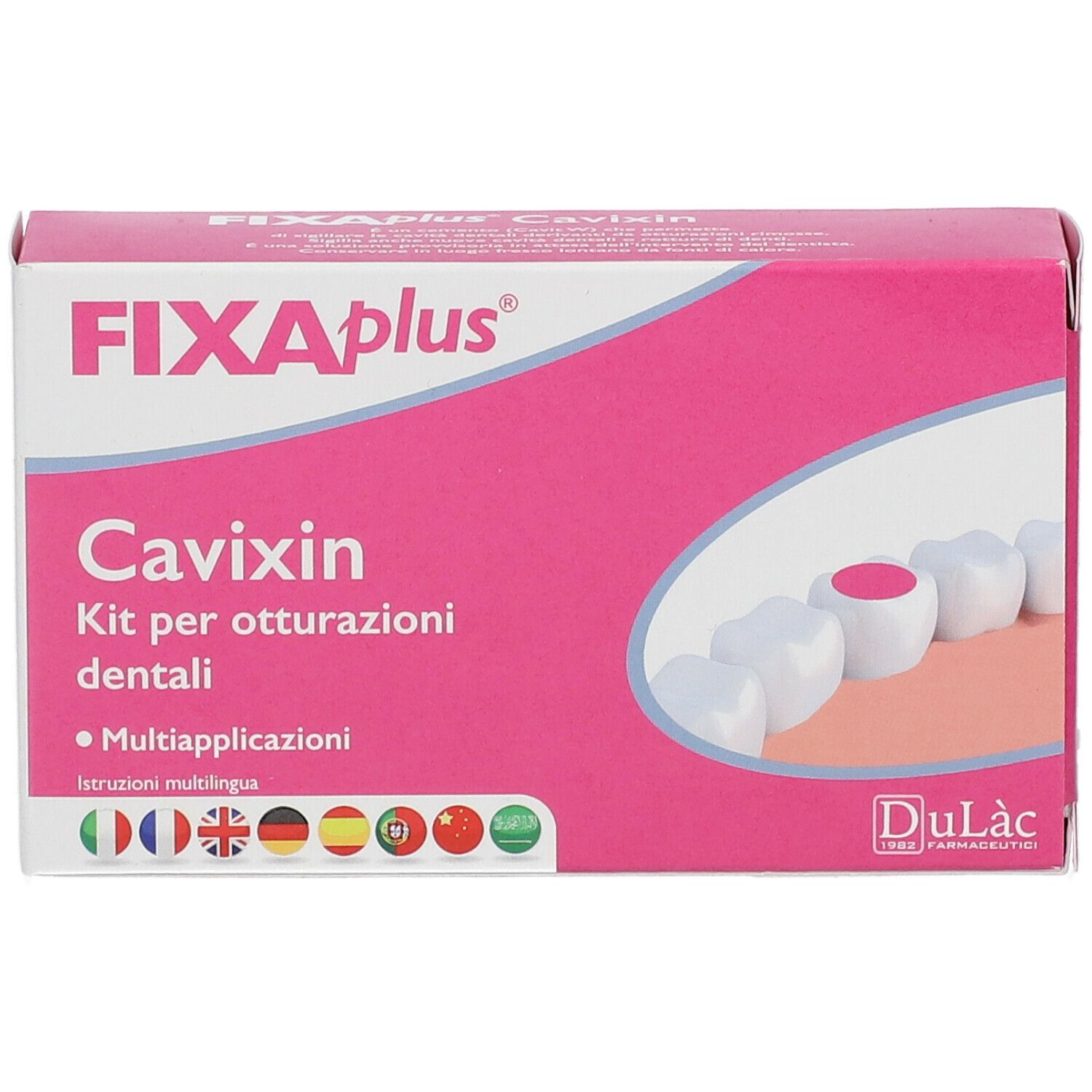 Scatola rosa FIXAplus Cavixin. Testo: Kit per otturazioni dentali. Istruzioni multilingue. Illustrazione di denti con otturazione. Logo DuLàc.