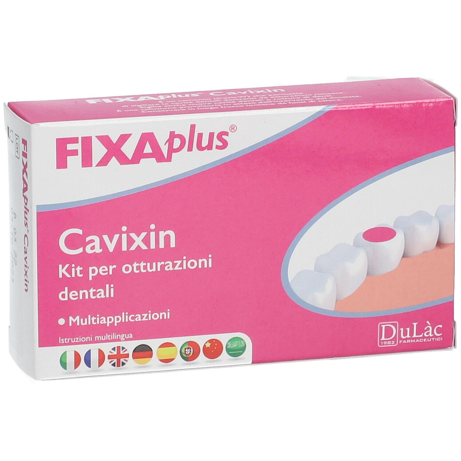 Scatola rosa FIXAplus Cavixin. Testo: Kit per otturazioni dentali. Istruzioni multilingue. Illustrazione di denti con otturazione. Logo DuLàc.