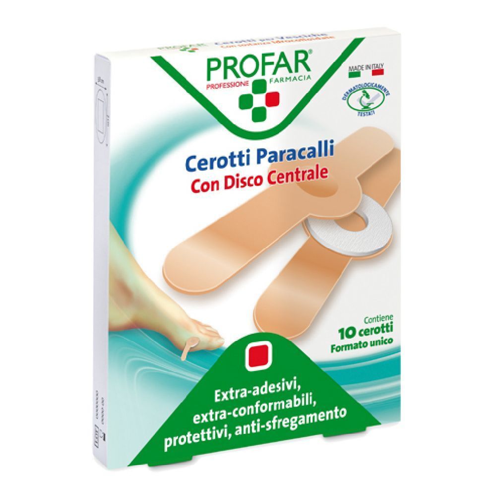 Confezione di cerotti PROFAR Cerotti Paracalli. Contiene 10 cerotti con disco centrale. Extra-adesivi, extra-conformabili, protettivi, anti-sfregamento.