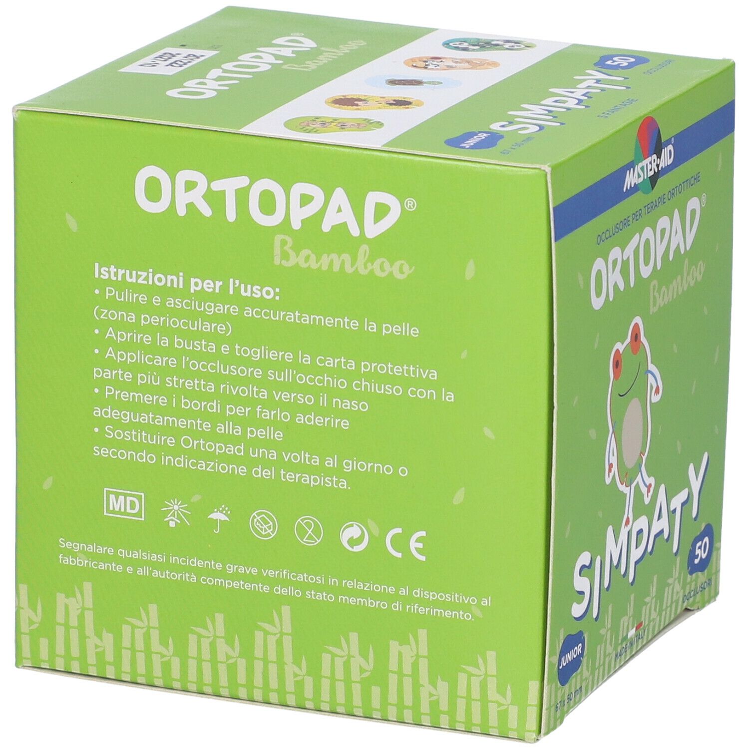 Scatola verde con testo. Contiene 50 cerotti oculari. Scritta: Ortopad Bamboo, istruzioni per l'uso, marchio CE.