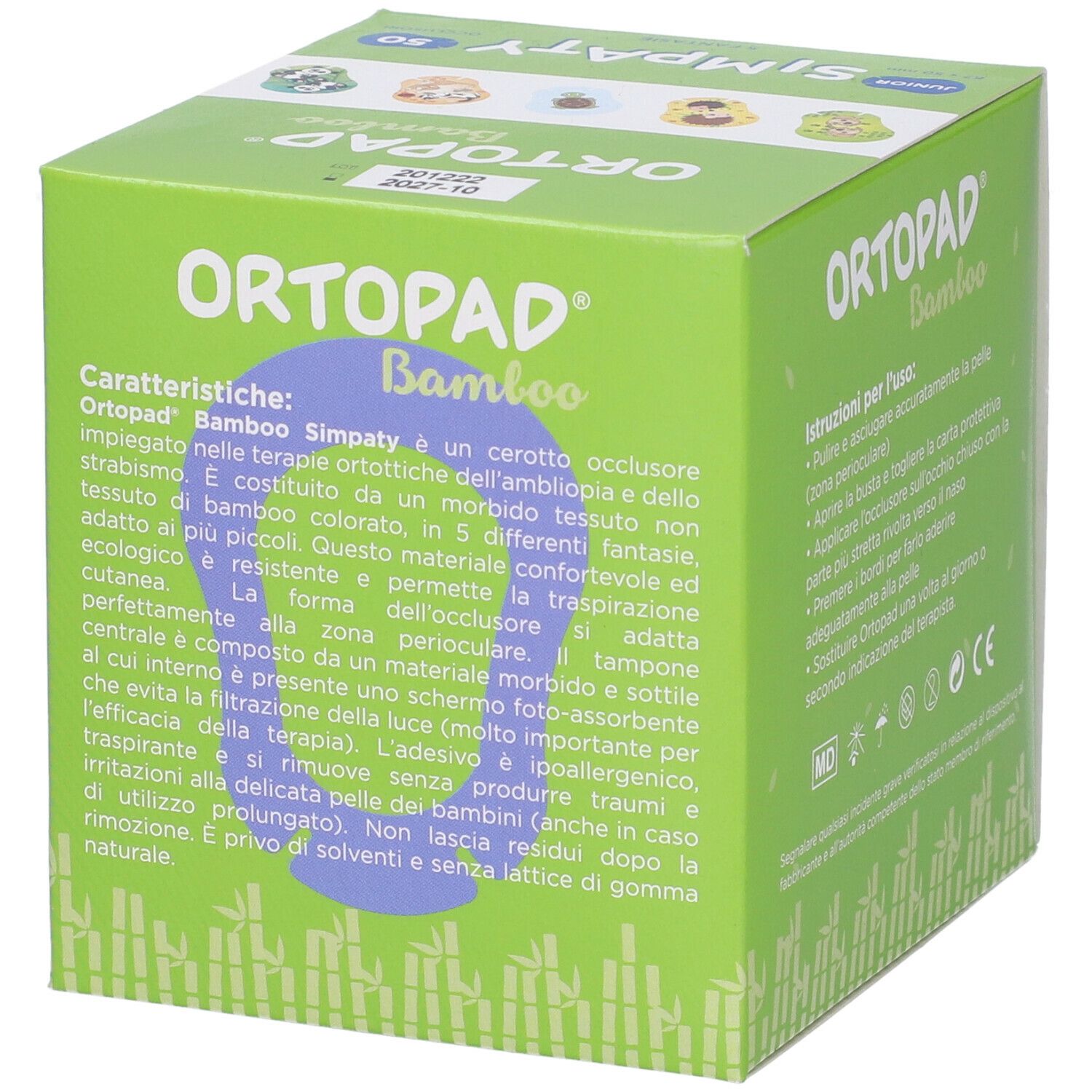 Scatola verde con testo. Contiene 50 cerotti oculari. Scritta: Ortopad Bamboo, caratteristiche del prodotto, testo in italiano.