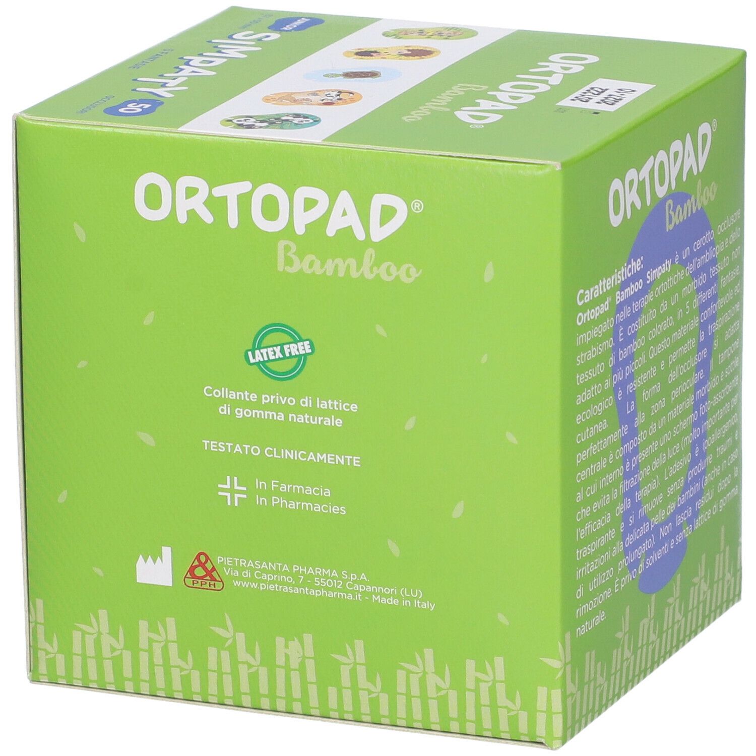 Scatola verde con testo. Contiene 50 cerotti oculari. Scritta: Ortopad Bamboo, senza lattice, clinicamente testato.