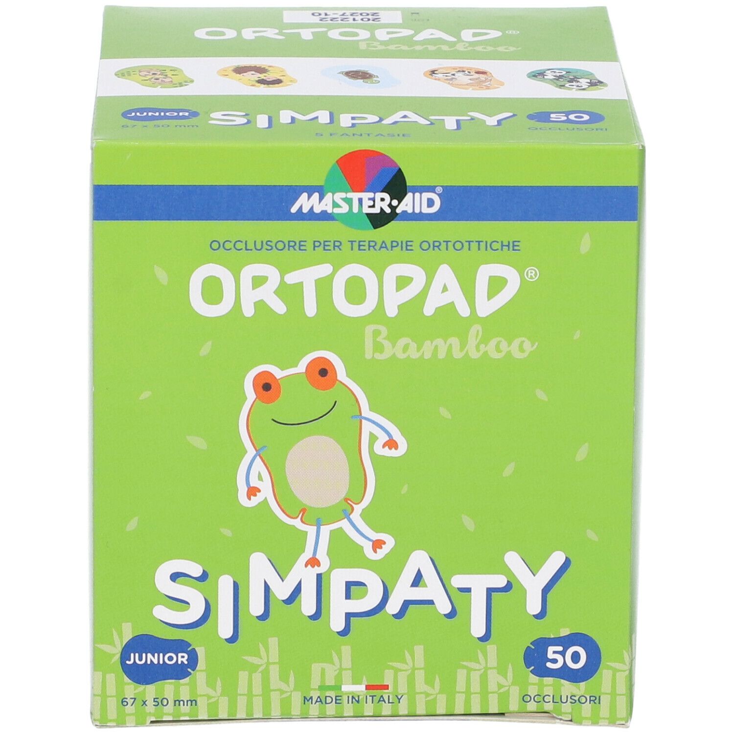 Scatola verde con stampe. Contiene 50 cerotti oculari. Scritta: Ortopad Simpaty Junior, illustrazione di rana, 67x50 mm.