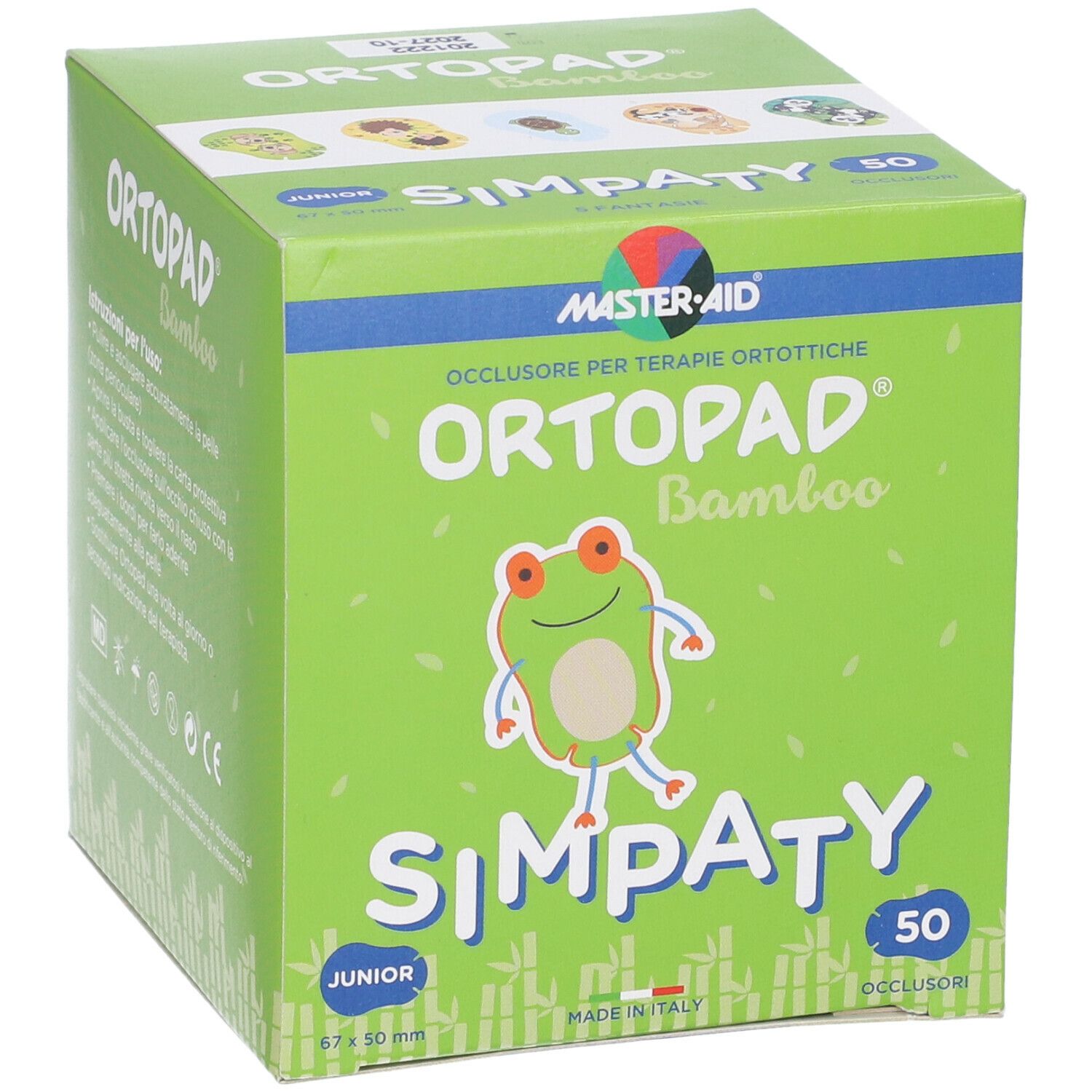 Scatola verde con stampe. Contiene 50 cerotti oculari. Scritta: Ortopad Simpaty Junior, illustrazione di rana, 67x50 mm.