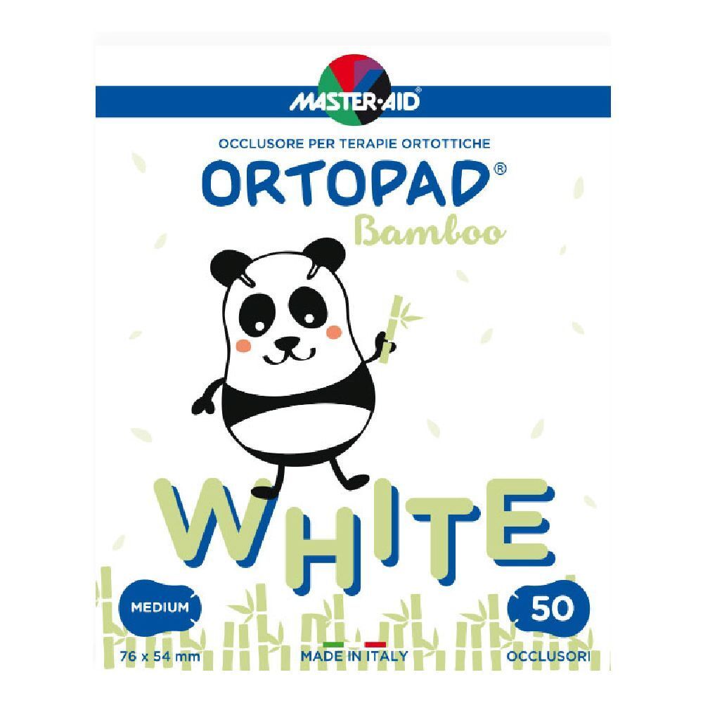 Verpackung mit Augenpflastern. Aufdruck: ORTOPAD Bamboo White, Panda-Illustration, 50 Stück, Größe Medium.