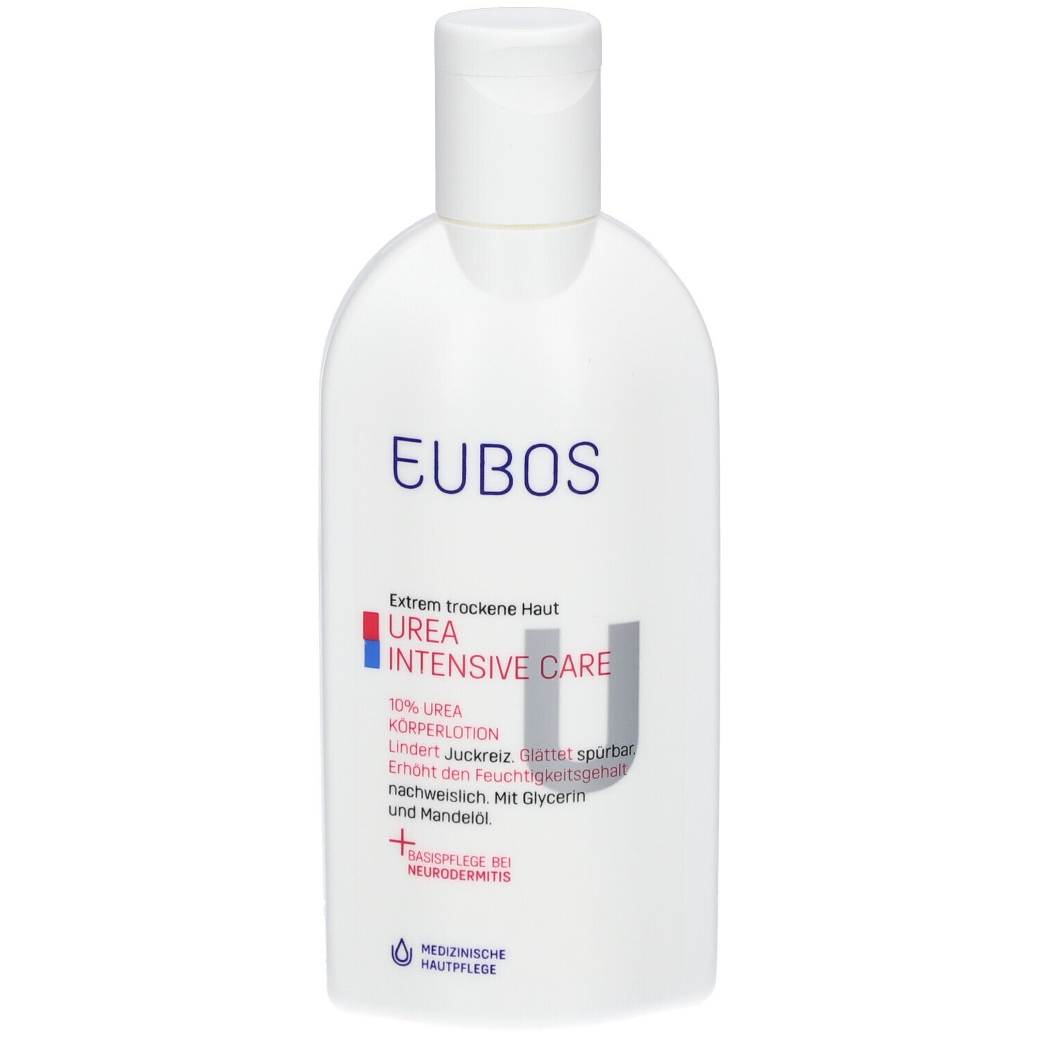 Weiße Flasche mit blauem Schriftzug EUBOs und roter Aufschrift UREA INTENSIVE CARE. Medizinische Hautpflege.