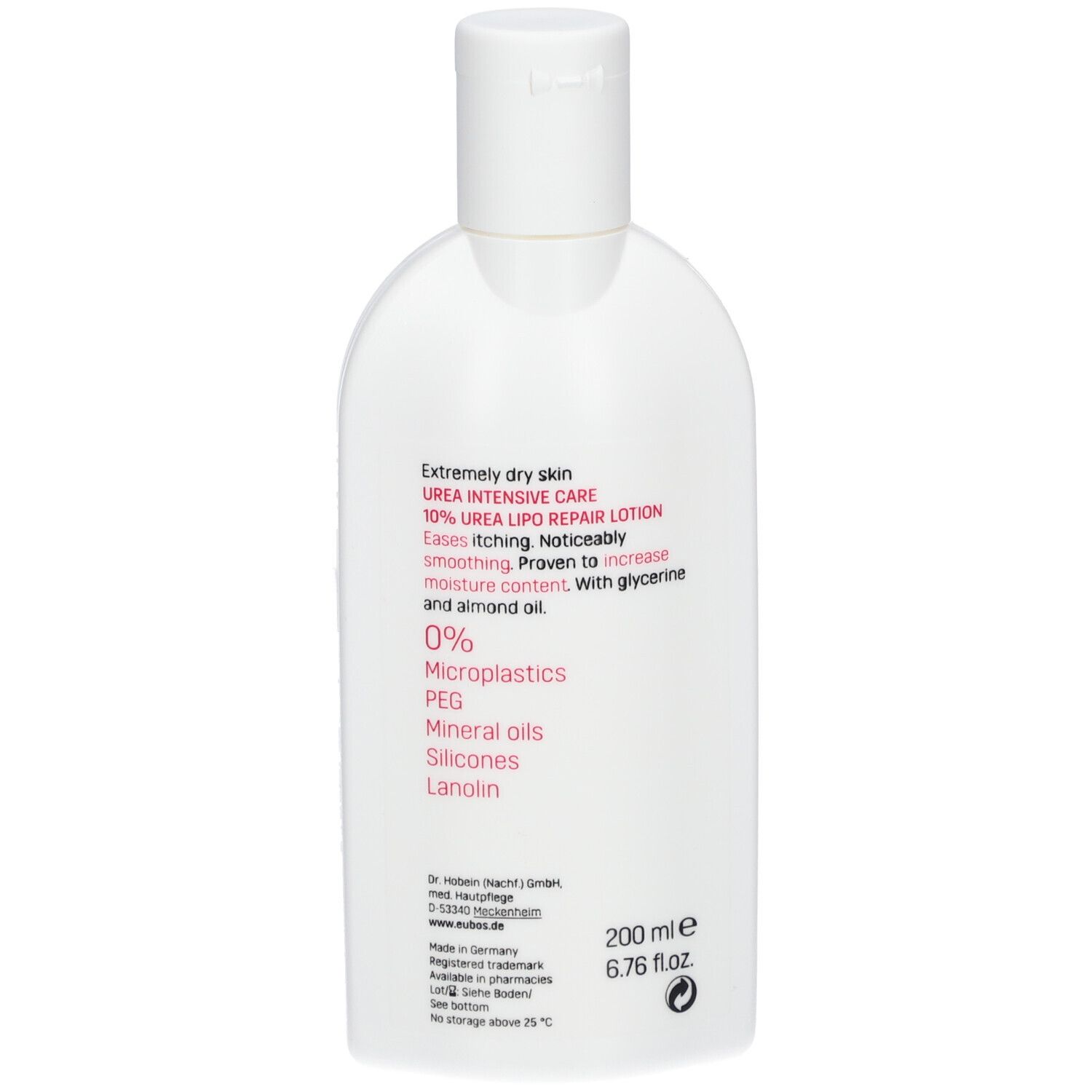 Weiße Flasche mit Produktinformationen. Aufschrift: UREA INTENSIVE CARE. 200 ml. Medizinische Hautpflege.
