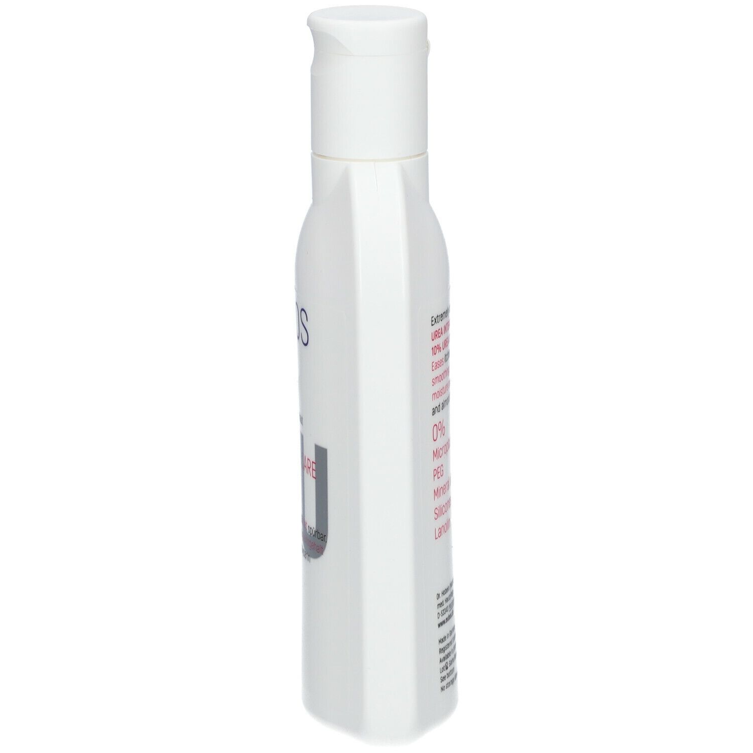 Weiße Flasche mit Produktinformationen. Aufschrift: UREA INTENSIVE CARE. Medizinische Hautpflege.