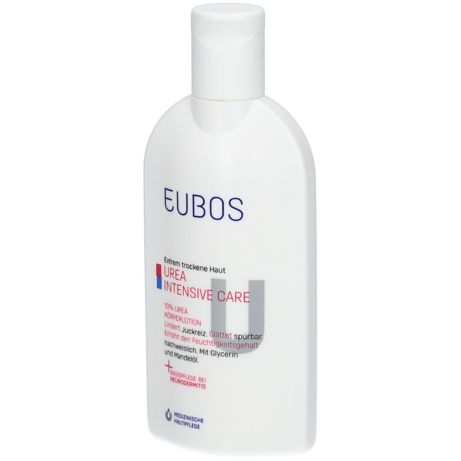 Weiße Flasche mit blauem Schriftzug EUBOs und roter Aufschrift UREA INTENSIVE CARE. Medizinische Hautpflege.