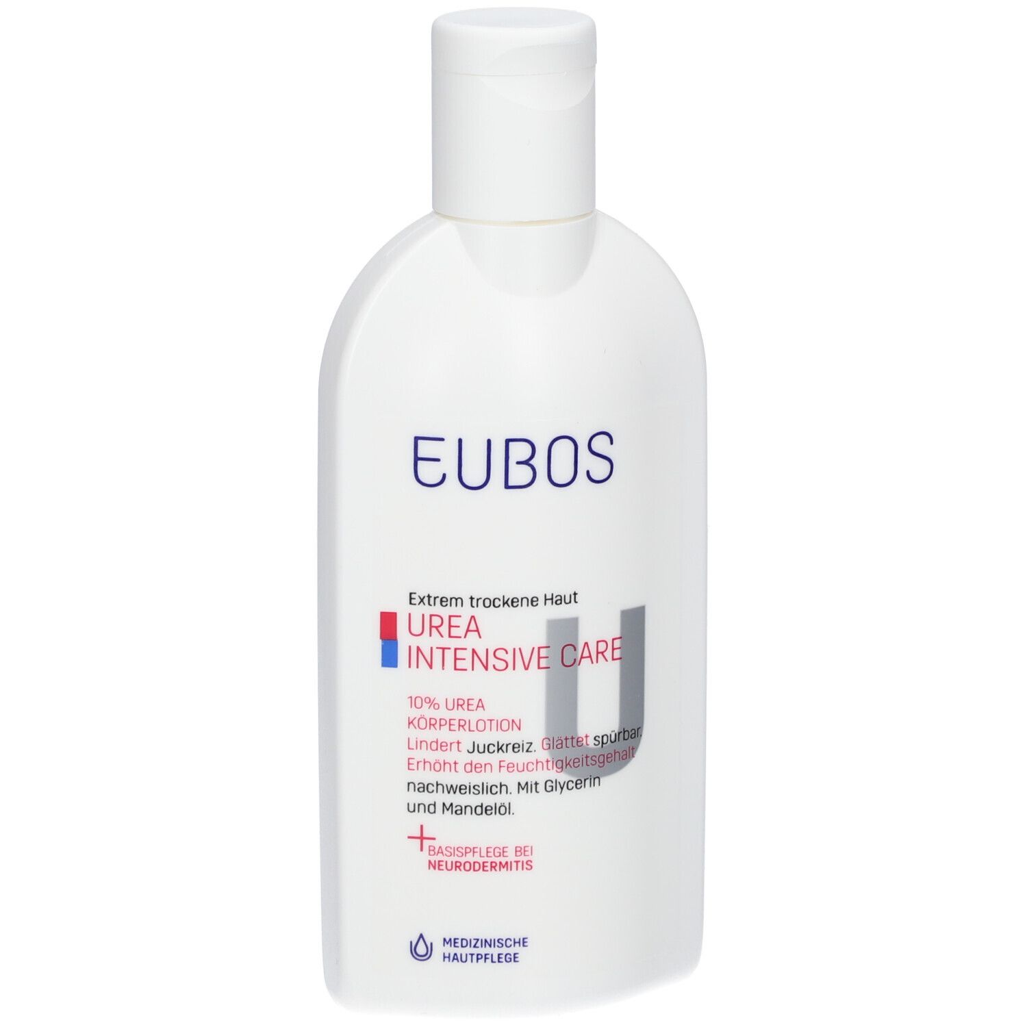 Weiße Flasche mit blauem Schriftzug EUBOs und roter Aufschrift UREA INTENSIVE CARE. Medizinische Hautpflege.