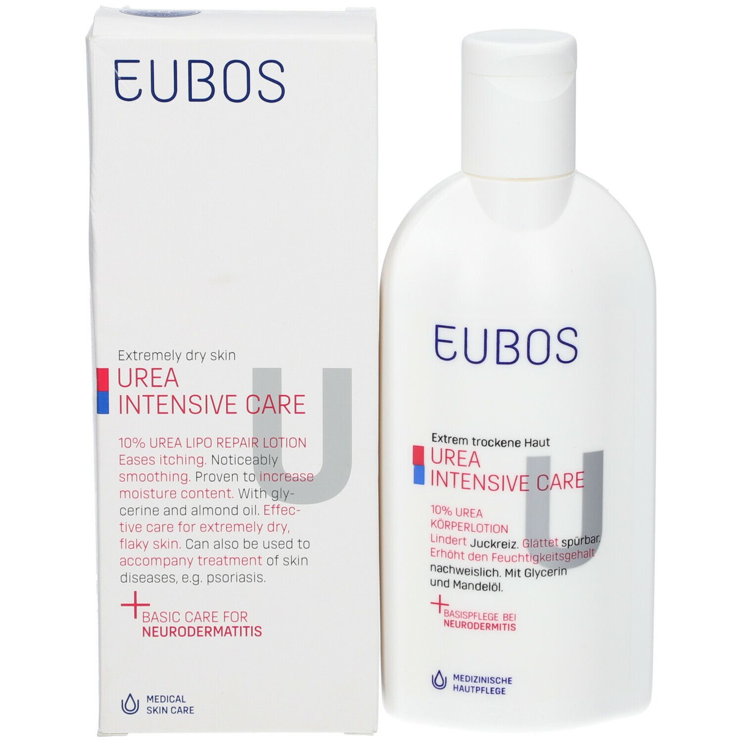 Produktverpackung und Flasche. Aufschrift: EUBOs UREA INTENSIVE CARE. Medizinische Hautpflege. Mit Informationen.