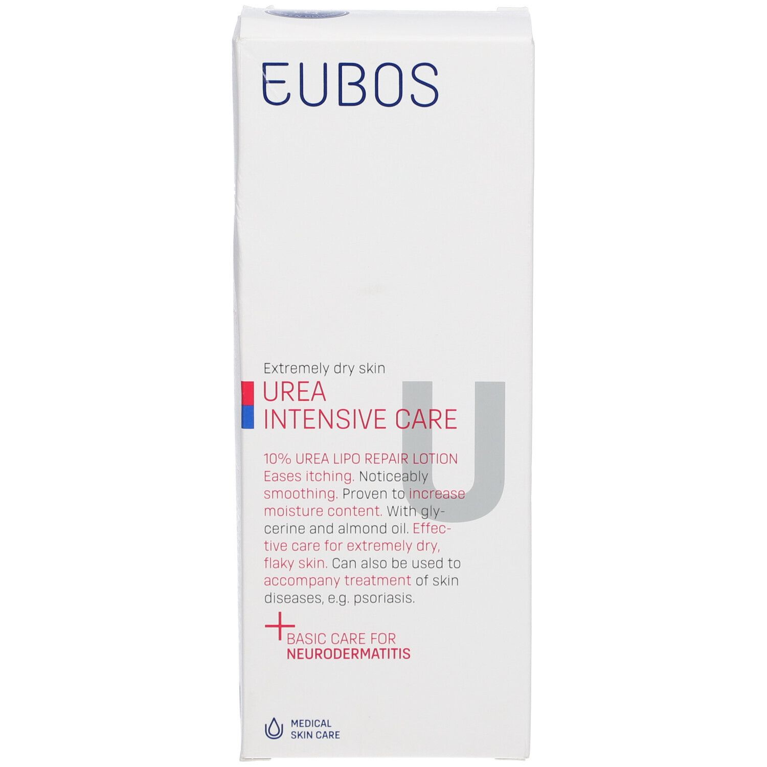 Produktverpackung mit Aufschrift: EUBOs UREA INTENSIVE CARE. Medizinische Hautpflege. Mit Informationen.