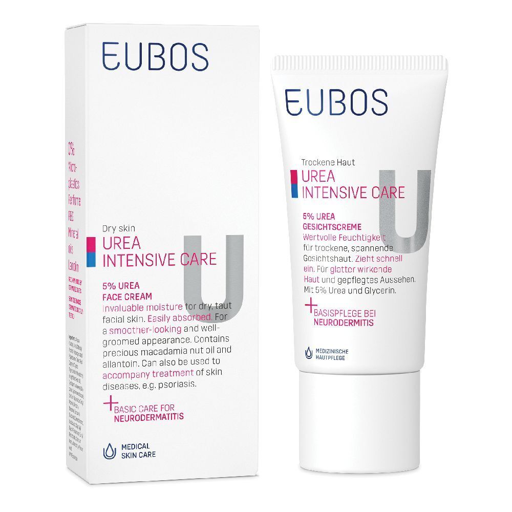 Eubos Urea Intensive Care, tubo e confezione. Scritta: 5% Urea, crema viso, pelle secca. Cura della pelle medica.
