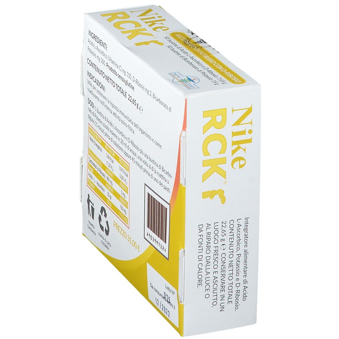 Schachtel "Nike RCK F" in Schrägansicht. Rückseite mit Inhaltsstoffen, Nährwertangaben, Preis und Verfallsdatum 12/2022.
